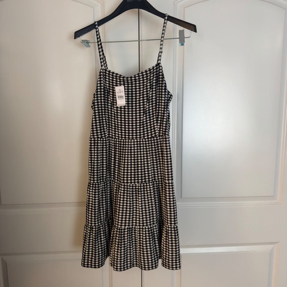 LOFT Gingham Tiered Mini Dress Black White Checkered Spaghetti Strap Size 8 NWT